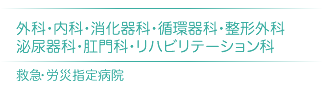 外科・内科・消化器科・循環器科・整形外科・泌尿器科・肛門科・リハビリテーション科、救急・労災指定病院